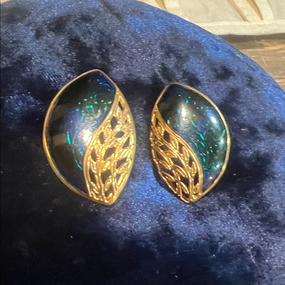 Vintage Berebi Earrings Pierced Gold Tone Aqua  Swirl Enamel Geometric Signed